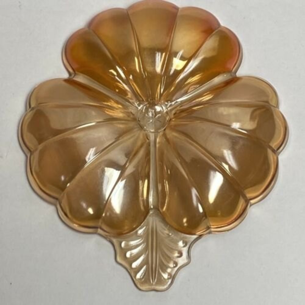 Jeannette Glass Marigold Iridescent Carnival Glass Doric Clover Leaf Candy Dish - Picture 6 of 11